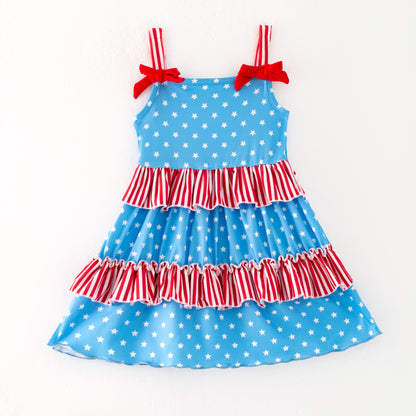 Girls 4th Of July Blue Dot Red Stripes Patchwork Dress