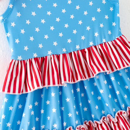 Girls 4th Of July Blue Dot Red Stripes Patchwork Dress