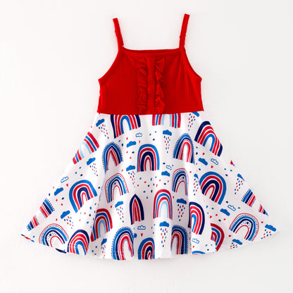 Girls 4th Of July Red Top Rainbow Independence Print Dress