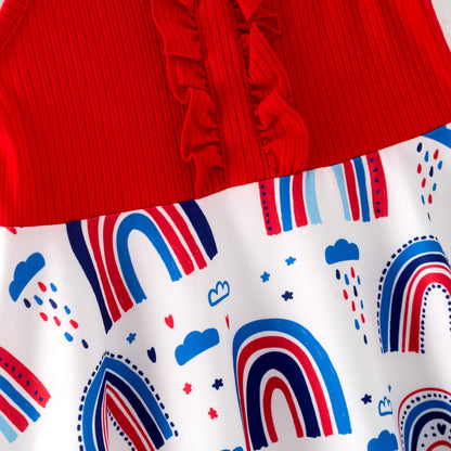 Girls 4th Of July Red Top Rainbow Independence Print Dress