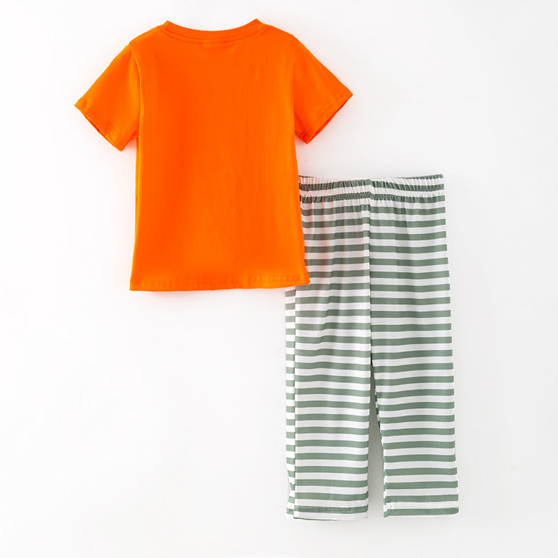 Boys Halloween Pumpkin Embroidery Smocked Stripes Pant Set