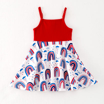 Girls 4th Of July Red Top Rainbow Independence Print Dress
