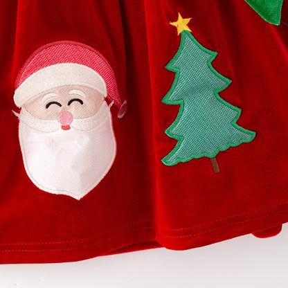 Christmas Velvet Dress with Santa, Tree & Reindeer Embroidery