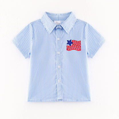 Boys July 4th Blue Stripes Flag Embroidered Shirt
