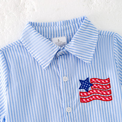 Boys July 4th Blue Stripes Flag Embroidered Shirt