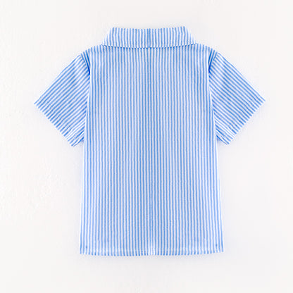 Boys July 4th Blue Stripes Flag Embroidered Shirt