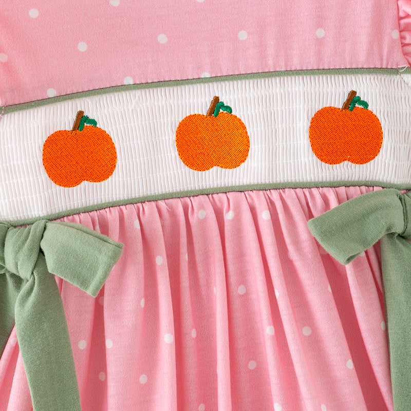 Girls Halloween Fall Pumpkin Embroidery Smock Pink Dress