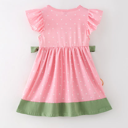 Girls Halloween Fall Pumpkin Embroidery Smock Pink Dress