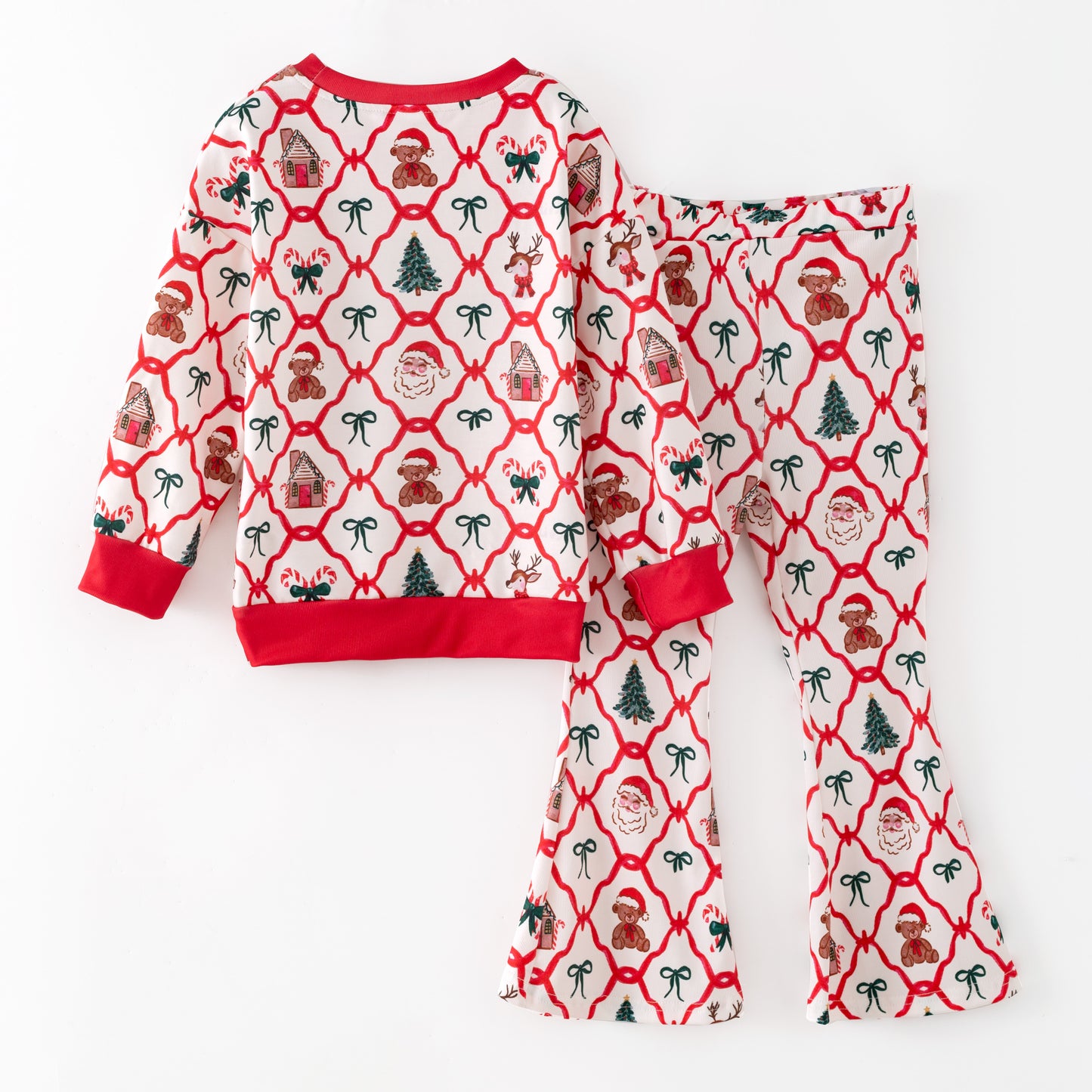 Girls Christmas Santa Tree Bow Long Sleeves Pant Set