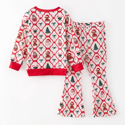Girls Christmas Santa Tree Bow Long Sleeves Pant Set