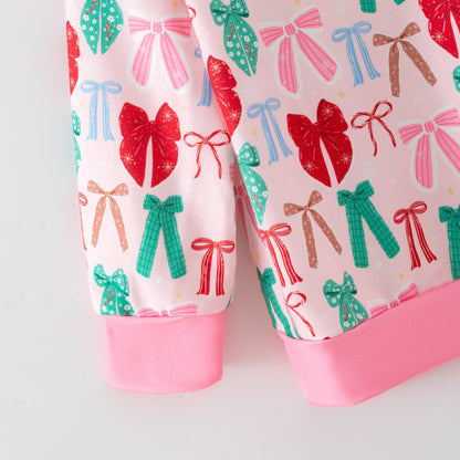 Girls Christmas Winter Green Pink Bow Long Sleeves Pant Set