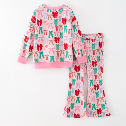 Girls Christmas Winter Green Pink Bow Long Sleeves Pant Set