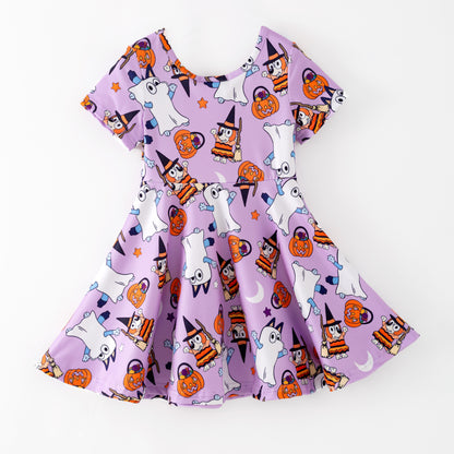 Girls Halloween Purple Ghost Pumpkin Bluey Twirl Dress