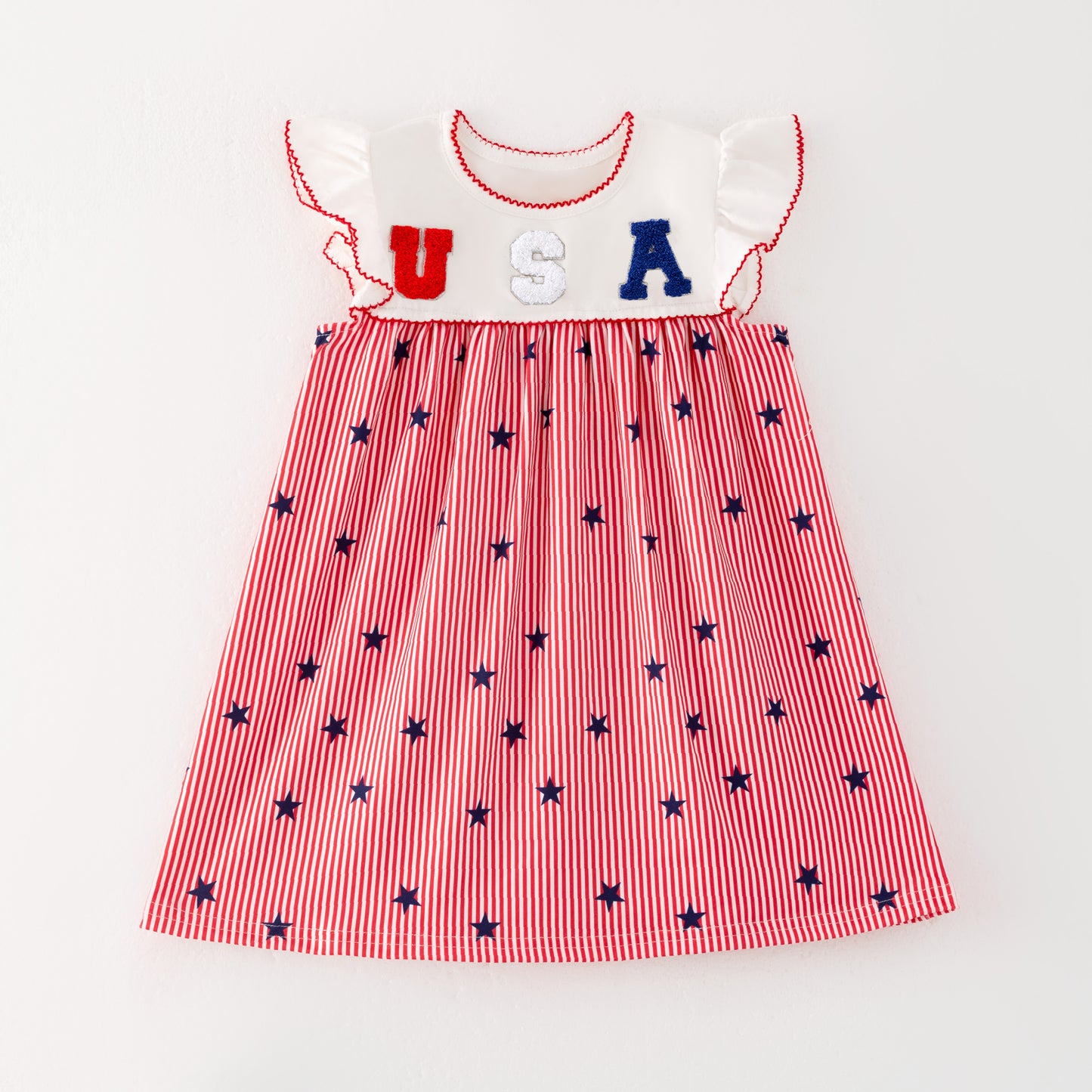 Girls July 4th Patriotic USA Chenille Applique Dress