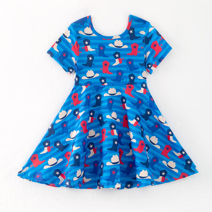 Girls July 4th Red Blue Boots Hat Print Twirl Dress