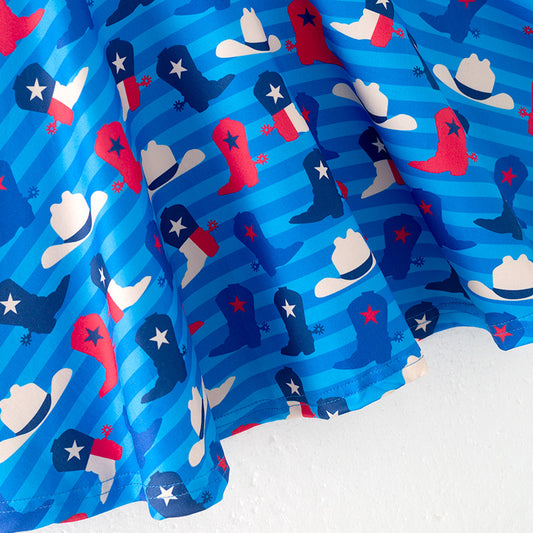 Girls July 4th Red Blue Boots Hat Print Twirl Dress