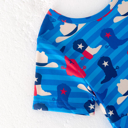 Girls July 4th Red Blue Boots Hat Print Twirl Dress