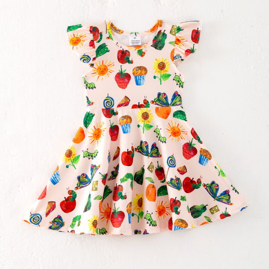 Girls Summer Apple Sunflower Print Milk Silk Dress