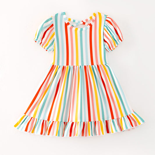 Girls Summer Colorful Stripes Short Sleeves Twirl Dress