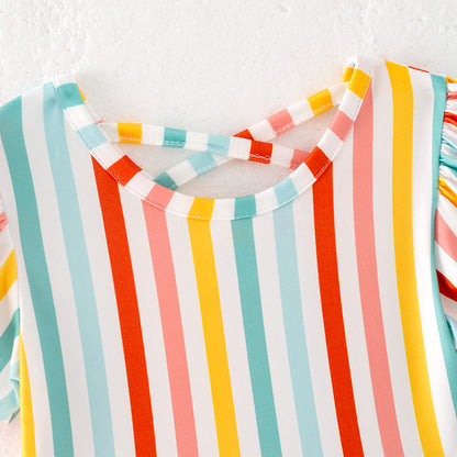 Girls Summer Colorful Stripes Short Sleeves Twirl Dress
