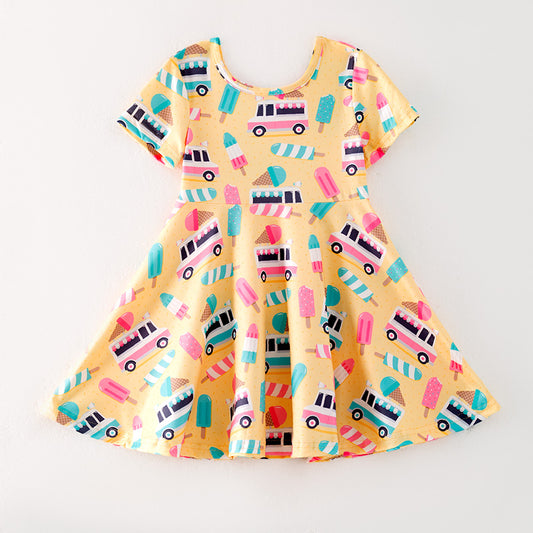 Summer Girls Bus Popsicle Print Milk Silk Dress