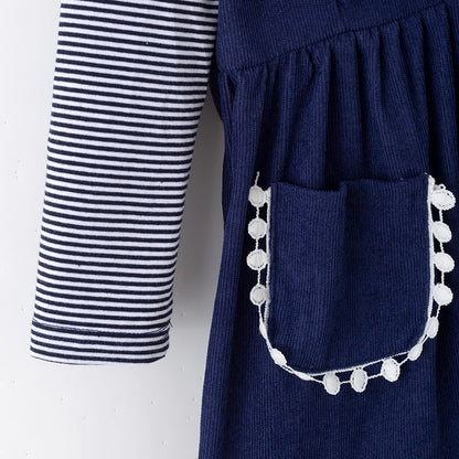 Girls Fall Halloween Pumpkin Embroidery Blue Stripes Dress