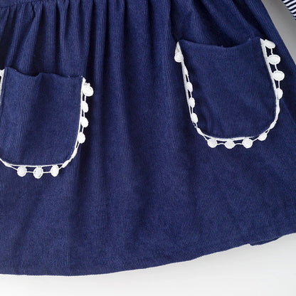 Girls Fall Halloween Pumpkin Embroidery Blue Stripes Dress