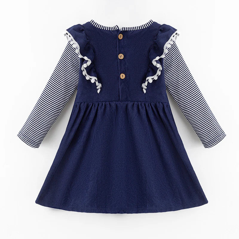 Girls Fall Halloween Pumpkin Embroidery Blue Stripes Dress