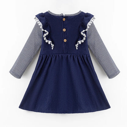 Girls Fall Halloween Pumpkin Embroidery Blue Stripes Dress