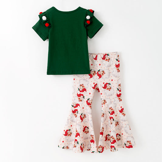 Girls Christmas Santa Print 2 Pieces Top+Pant Set