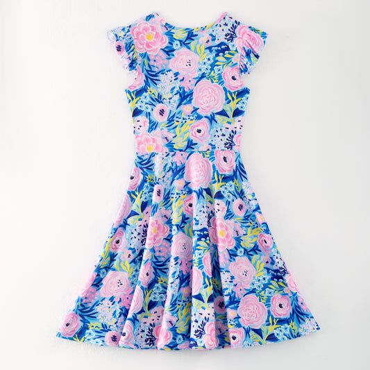 Women Summer Blue Pink Floral Print Milk Silk Soft Dress