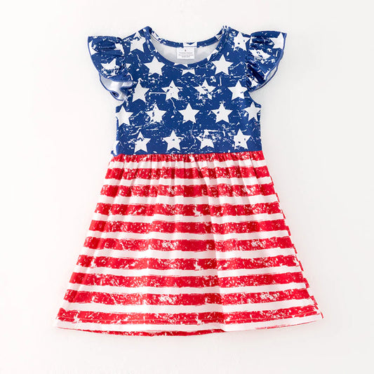 Girls July 4th Red Stripes Blue Star Milk Silk Dress