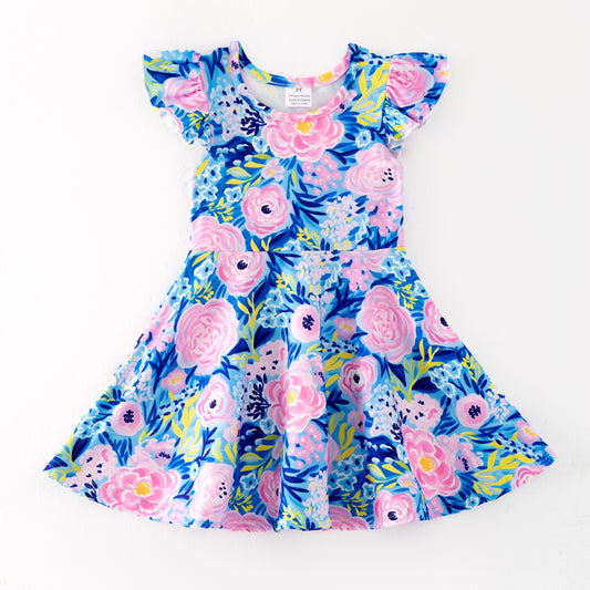 Girls Summer Blue Pink Floral Milk Silk Soft Dress