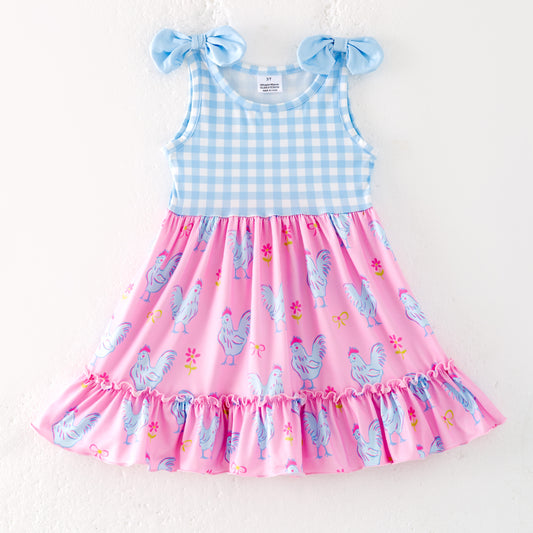 Girls Summer Blue Plaid Chick Farm Print Dress
