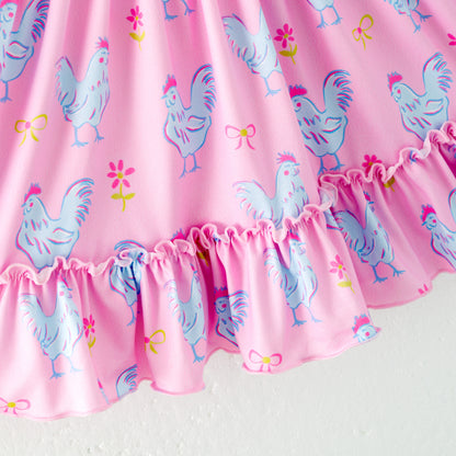 Girls Summer Blue Plaid Chick Farm Print Dress