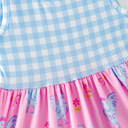 Girls Summer Blue Plaid Chick Farm Print Dress