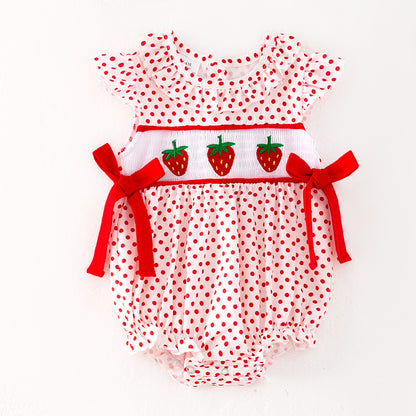 Baby Kids Strawberry Smocked Embroidered Red Dot Romper