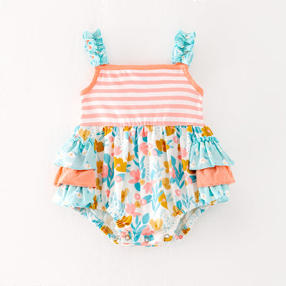 Baby Kids Summer Coral Mint Floral Ruffled Bubbles Romper