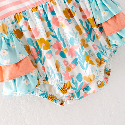 Baby Kids Summer Coral Mint Floral Ruffled Bubbles Romper