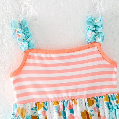 Baby Kids Summer Coral Mint Floral Ruffled Bubbles Romper