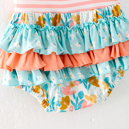 Baby Kids Summer Coral Mint Floral Ruffled Bubbles Romper