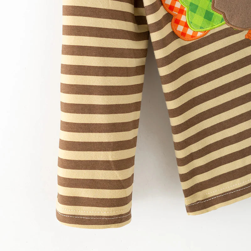 Boys Thanksgiving Day Turkey Embroidered Brown Stripes Top