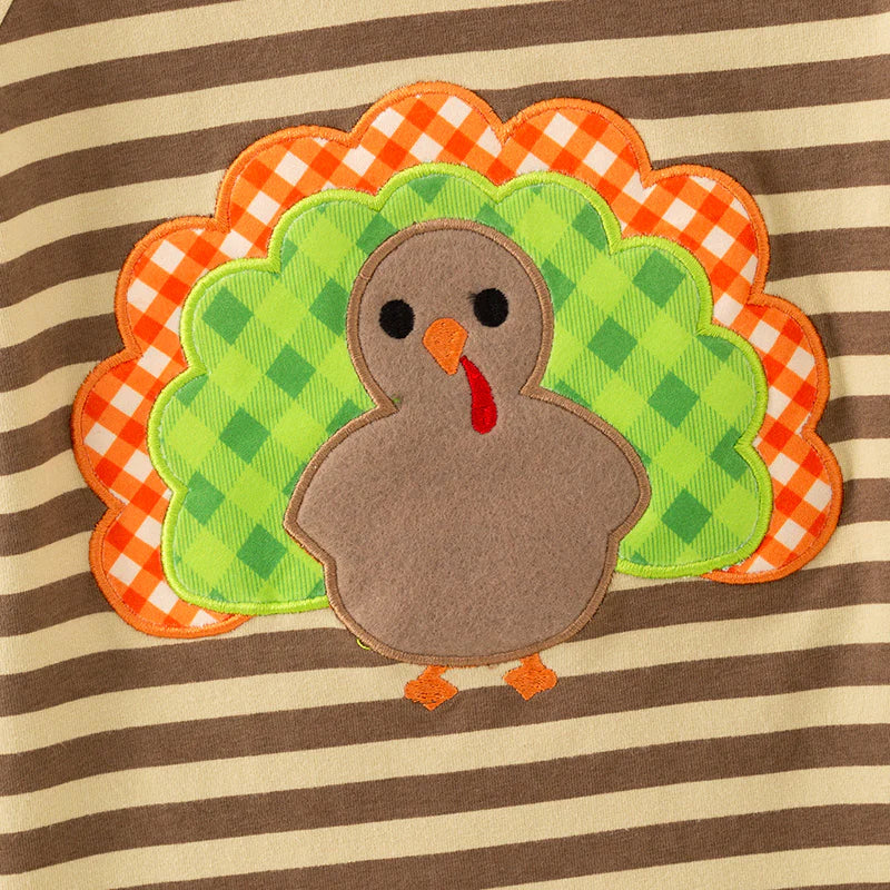 Boys Thanksgiving Day Turkey Embroidered Brown Stripes Top