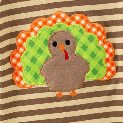 Boys Thanksgiving Day Turkey Embroidered Brown Stripes Top