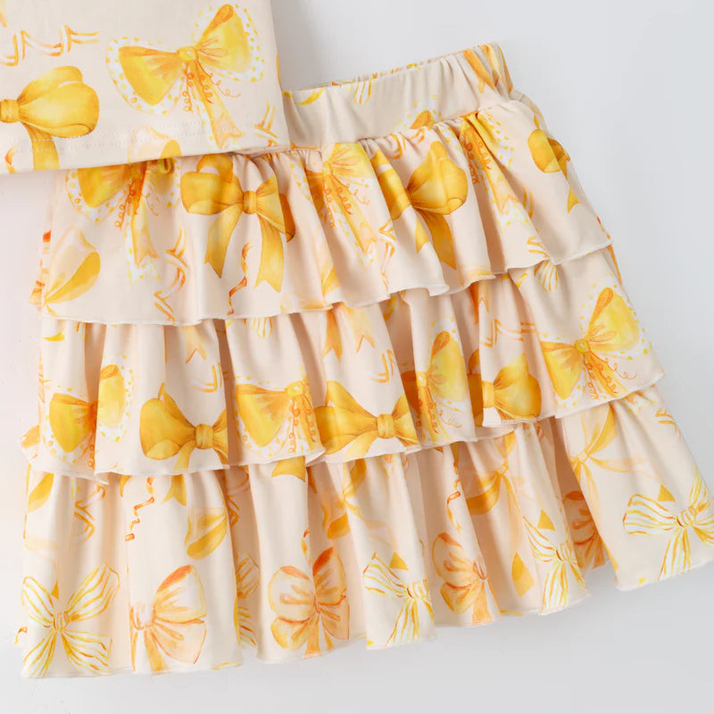 Girls Hot Seller Yellow Summer Bow Athletic Soft Milk Silk Skort Set