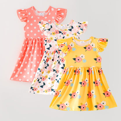 3-Pieces Pre Pack Girl Summer Floral Dot Print Milk Silk Dress