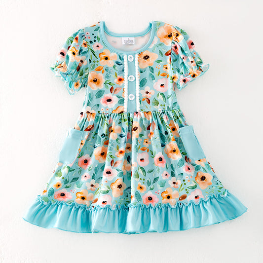 Girls Summer Blue Floral Pocket Short Sleeves Dress