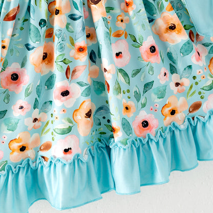 Girls Summer Blue Floral Pocket Short Sleeves Dress