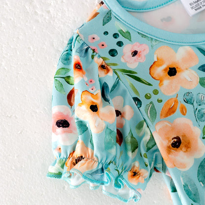 Girls Summer Blue Floral Pocket Short Sleeves Dress