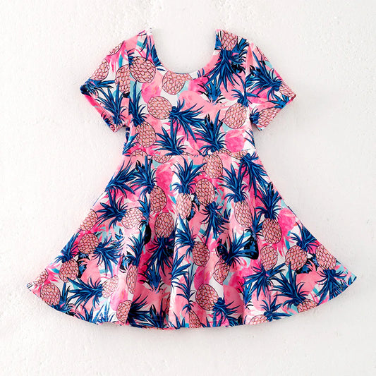 Girls Summer Pink Blue Pineapple Print Milk Silk Dress